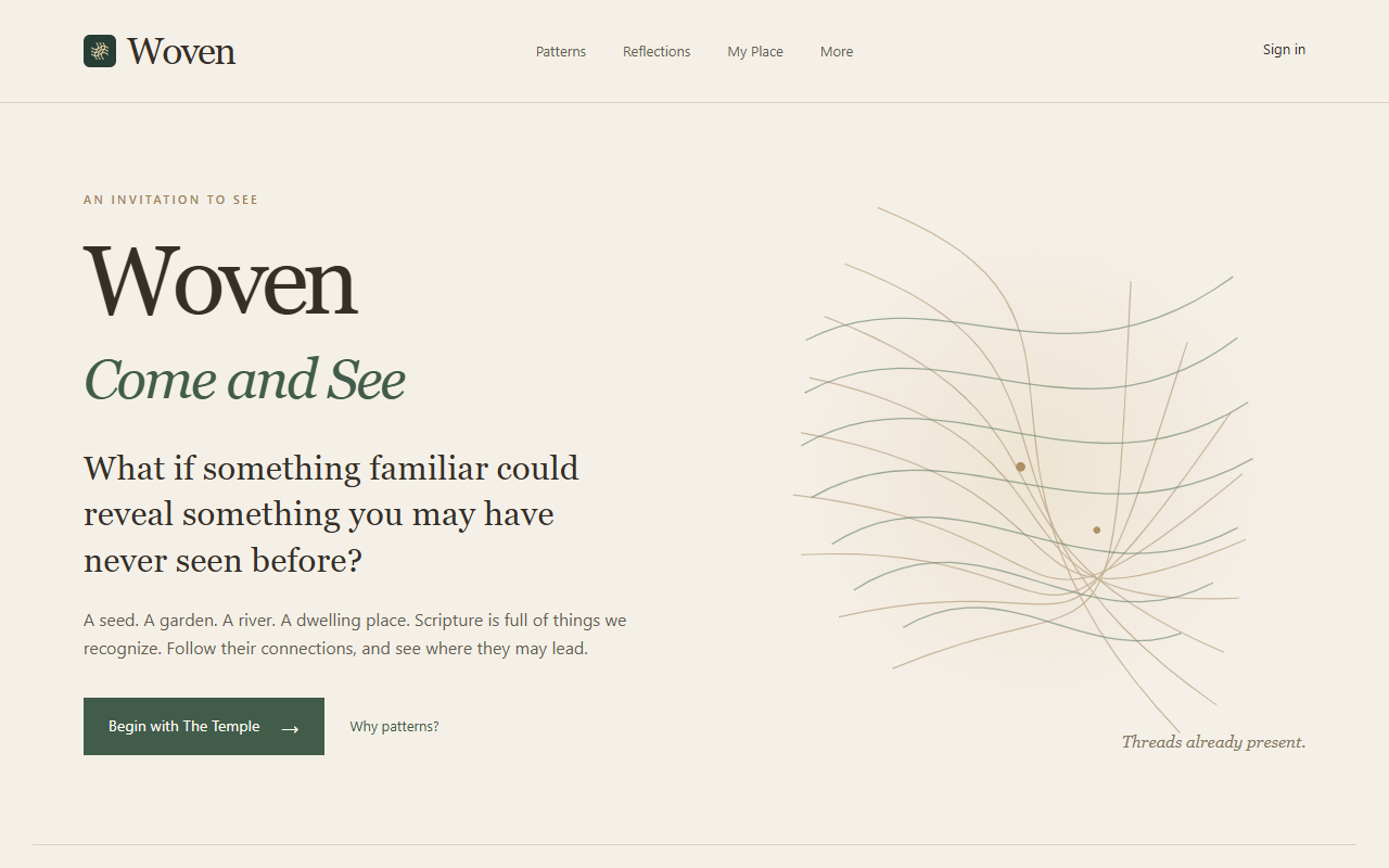 The actual Woven homepage at a desktop screen width