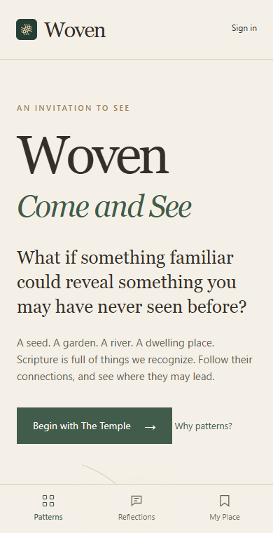 The actual Woven homepage at a phone-sized screen width